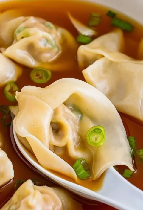 Bowl of delicious wonton soup with dumplings and vegetables