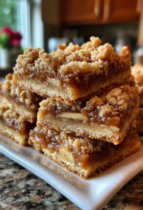 Delicious apple pie bars topped with caramel and cinnamon