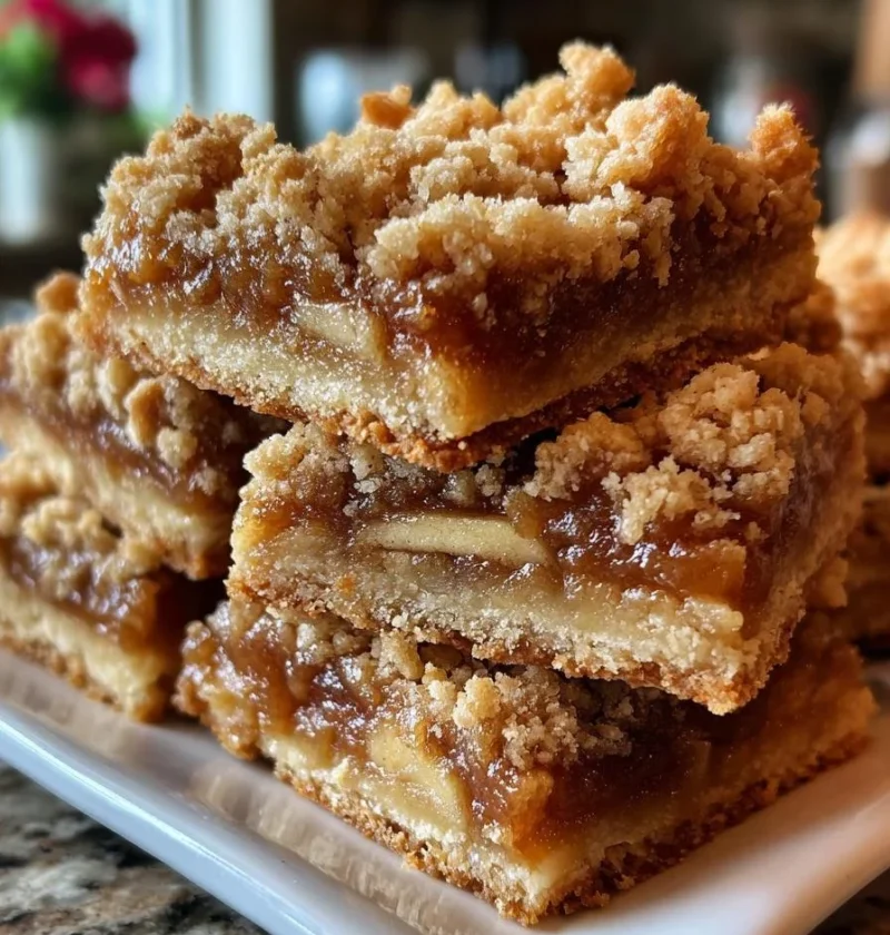 Delicious apple pie bars topped with caramel and cinnamon