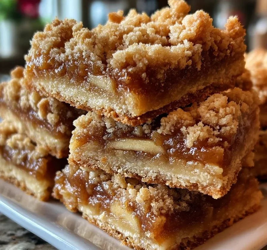 Delicious apple pie bars topped with caramel and cinnamon
