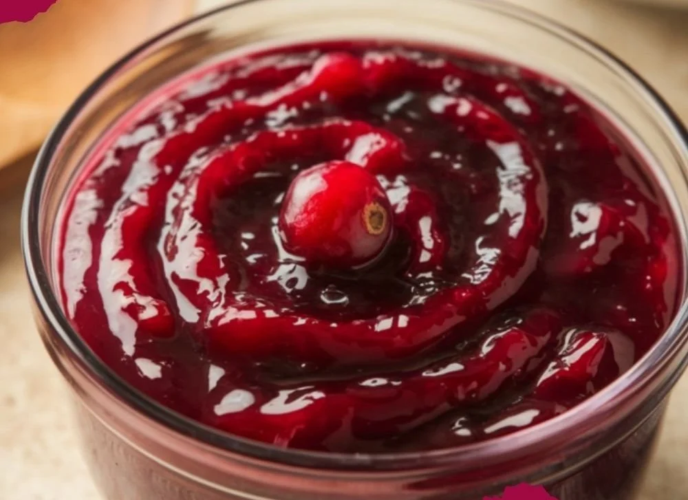 Delicious homemade cranberry sauce in a serving dish.