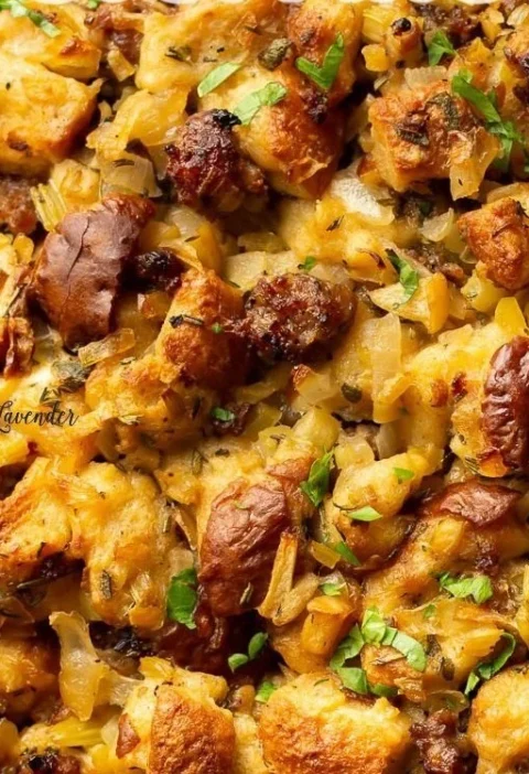 Delicious homemade sausage stuffing prepared for a holiday feast