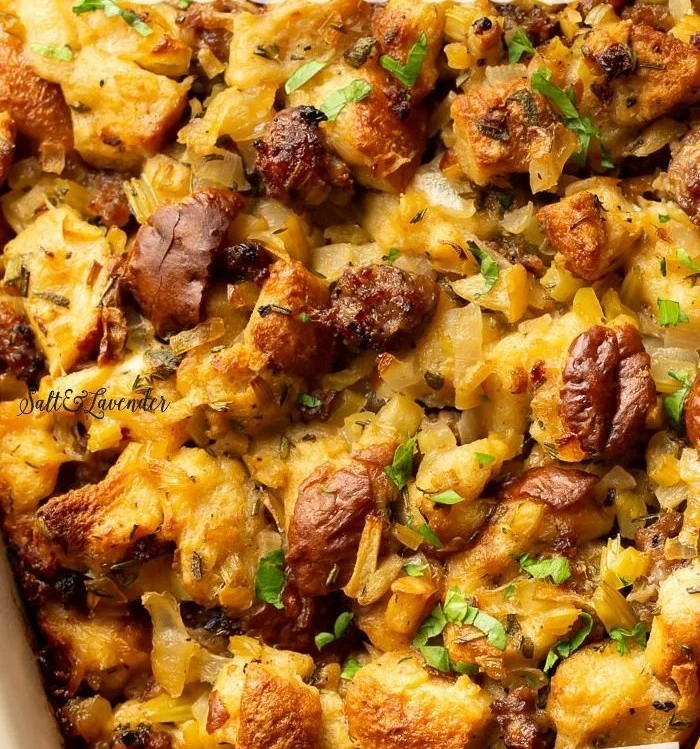 Delicious homemade sausage stuffing prepared for a holiday feast