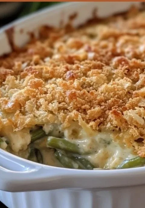 Delicious Southern green bean casserole ready for Thanksgiving dinner