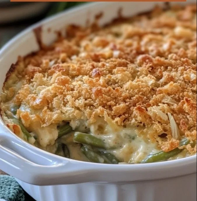 Delicious Southern green bean casserole ready for Thanksgiving dinner
