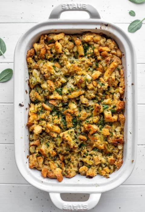 Delicious buttery herb stuffing displayed in a serving bowl.