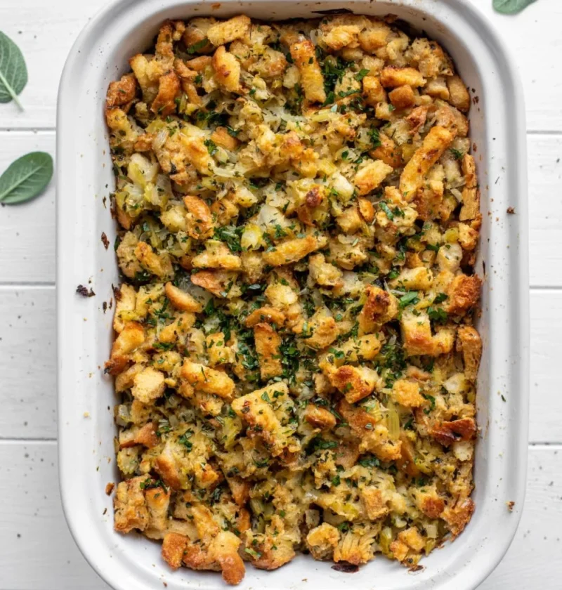 Delicious buttery herb stuffing displayed in a serving bowl.