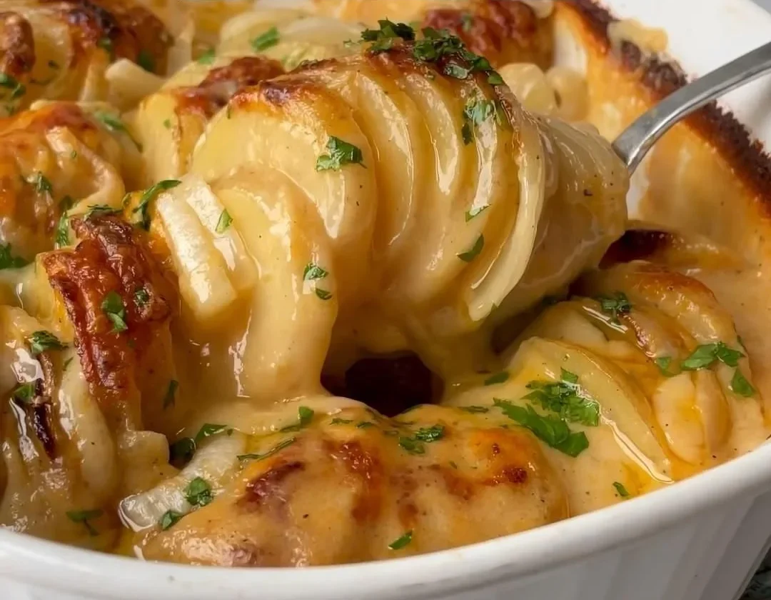 Cheesy au gratin potatoes baked to perfection, ideal for Thanksgiving dinner.