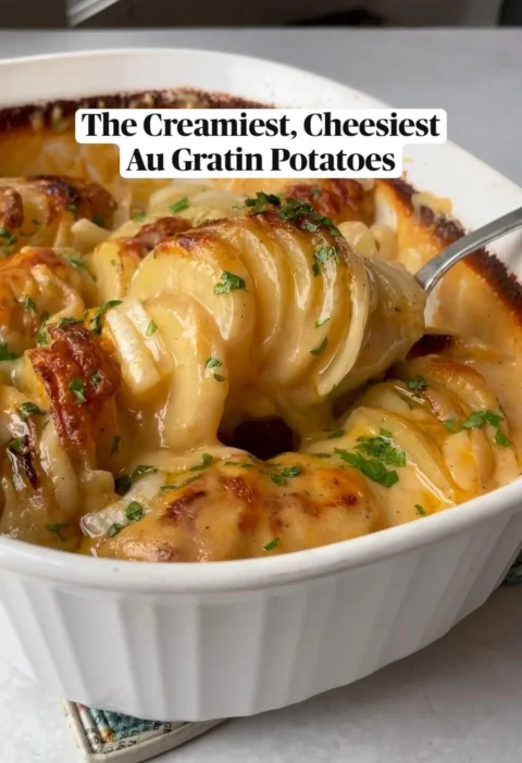 Cheesy au gratin potatoes baked to perfection, ideal for Thanksgiving dinner.