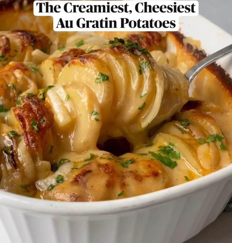 Cheesy au gratin potatoes baked to perfection, ideal for Thanksgiving dinner.