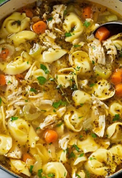 Bowl of Chicken Tortellini Soup with fresh herbs and vegetables