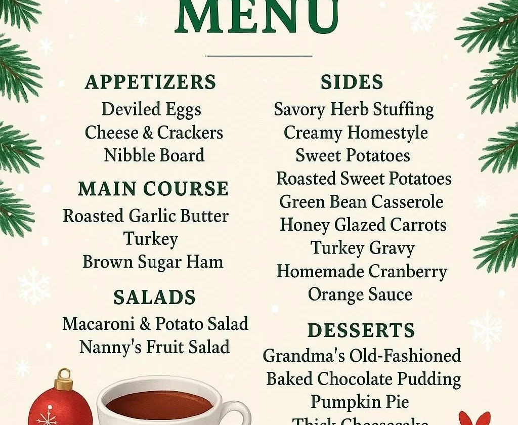 A beautifully arranged Christmas dinner table with festive dishes and decorations.
