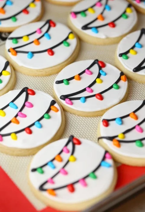 Colorful Christmas Light Sugar Cookies on a festive holiday platter