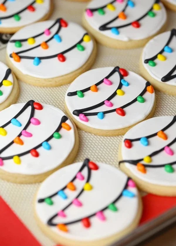 Colorful Christmas Light Sugar Cookies on a festive holiday platter