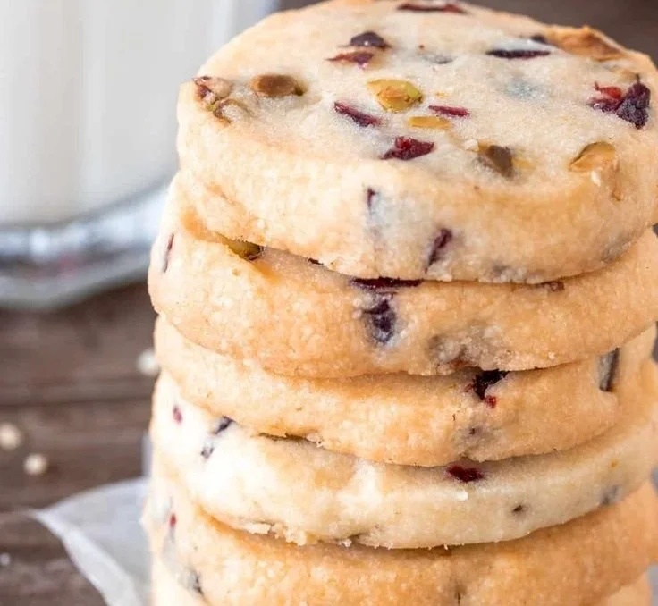 Delicious cranberry pistachio shortbread cookies on a plate