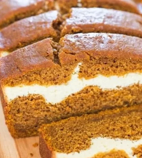 Cream cheese-stuffed pumpkin bread fresh out of the oven