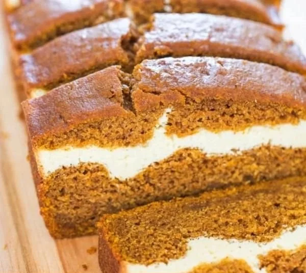 Cream cheese-stuffed pumpkin bread fresh out of the oven