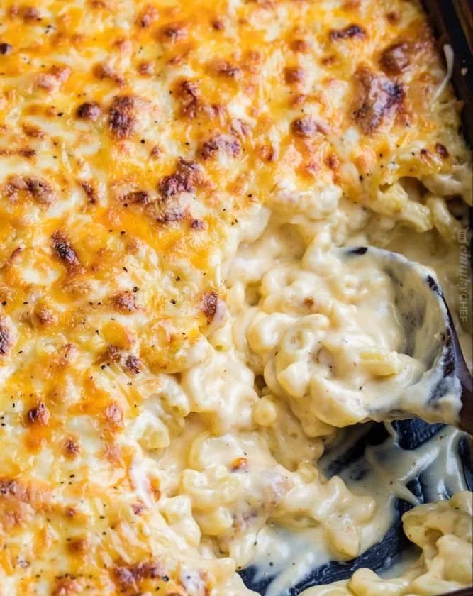 Creamy baked mac and cheese topped with breadcrumbs and baked to perfection