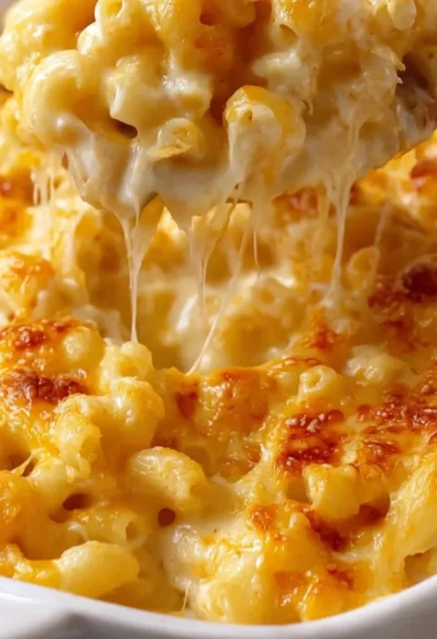 A delicious serving of creamy baked macaroni and cheese topped with golden breadcrumbs.