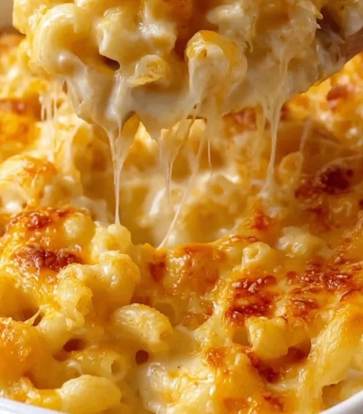 A delicious serving of creamy baked macaroni and cheese topped with golden breadcrumbs.
