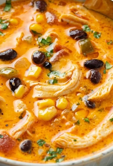 Bowl of creamy chicken enchilada soup garnished with cilantro