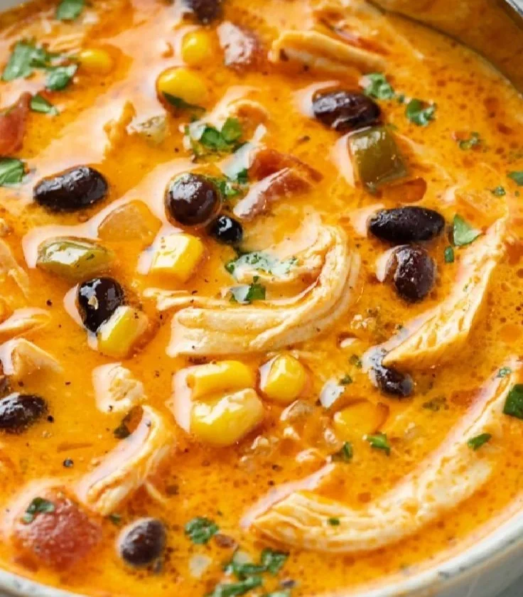 Bowl of creamy chicken enchilada soup garnished with cilantro