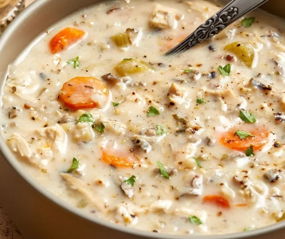Creamy Crockpot Chicken Wild Rice Soup in a bowl with herbs and spices
