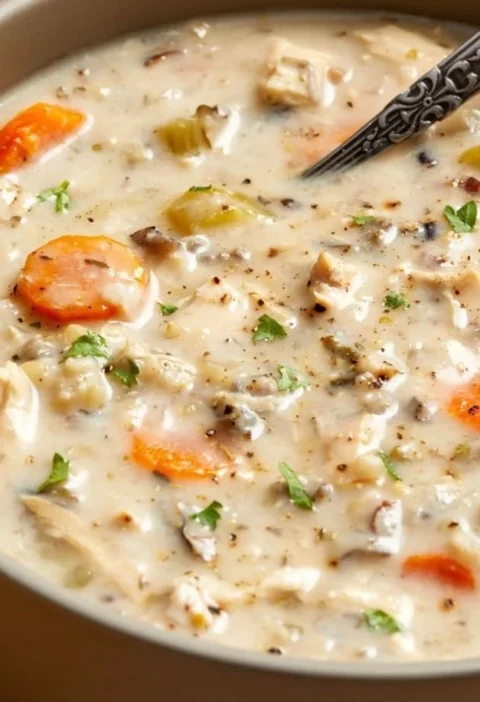 Creamy Crockpot Chicken Wild Rice Soup in a bowl with herbs and spices