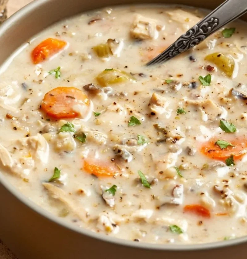 Creamy Crockpot Chicken Wild Rice Soup in a bowl with herbs and spices