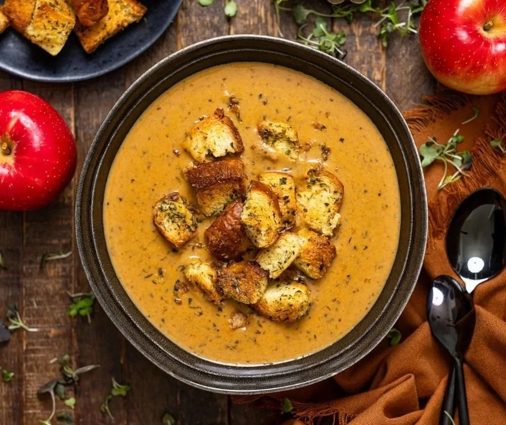 Creamy roasted apple and pumpkin soup served in a bowl, garnished with herbs.