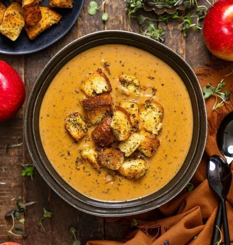 Creamy roasted apple and pumpkin soup served in a bowl, garnished with herbs.