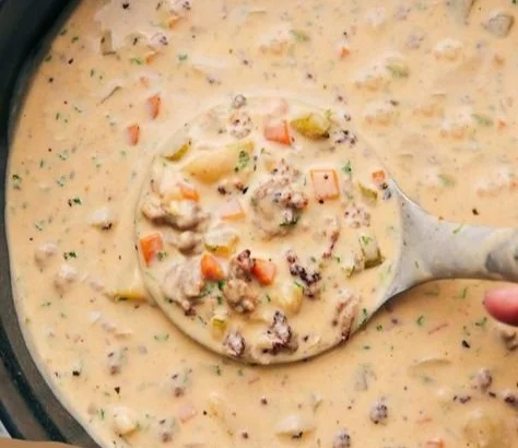 Bowl of creamy sausage potato soup garnished with herbs.