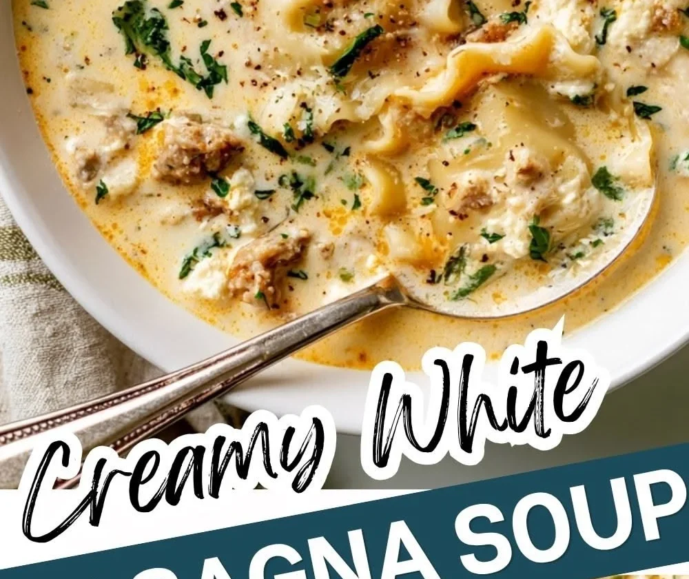 Creamy white lasagna soup in a bowl garnished with herbs and cheese
