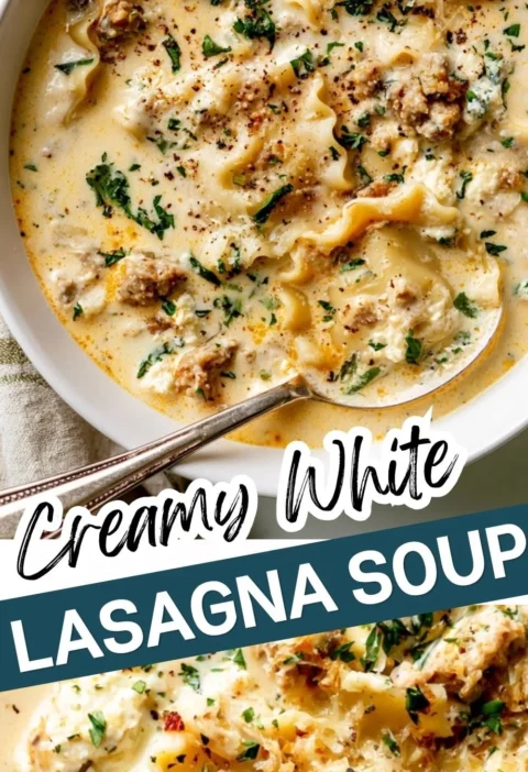 Creamy white lasagna soup in a bowl garnished with herbs and cheese