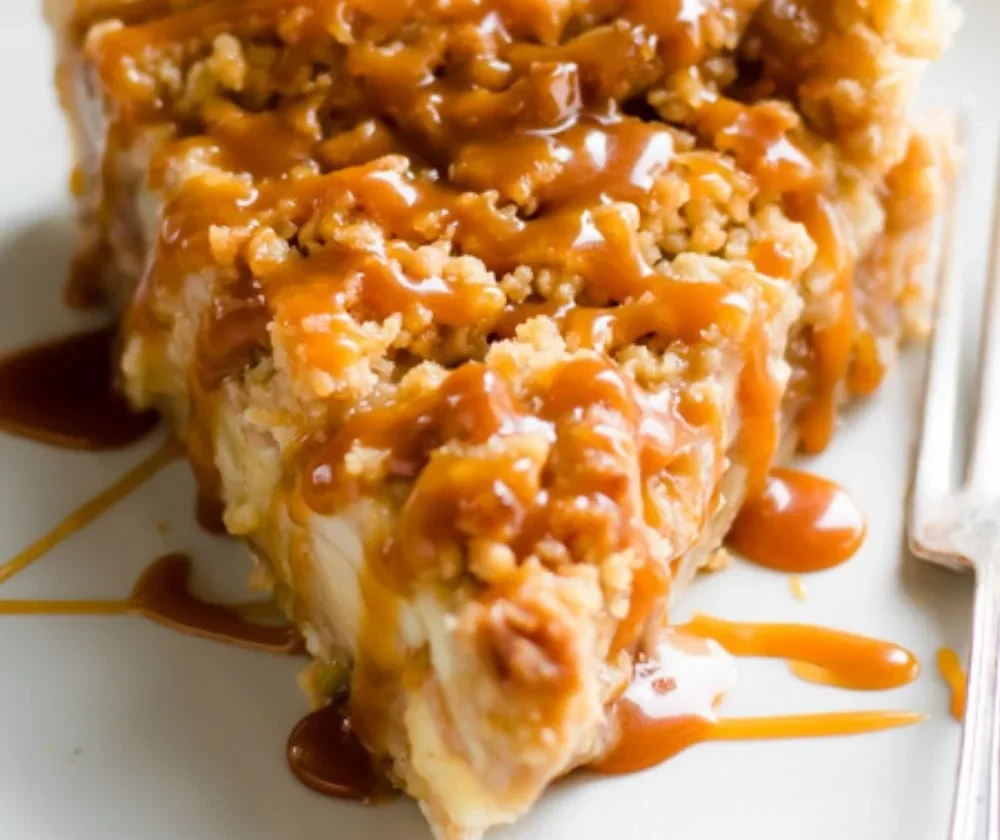 Slice of Dutch caramel apple pie with caramel drizzle
