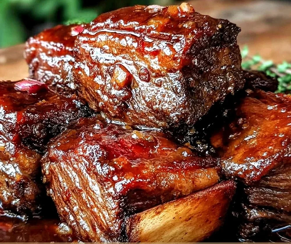Juicy slow cooker beef short ribs garnished with herbs