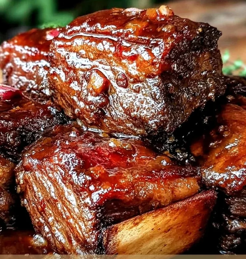 Juicy slow cooker beef short ribs garnished with herbs