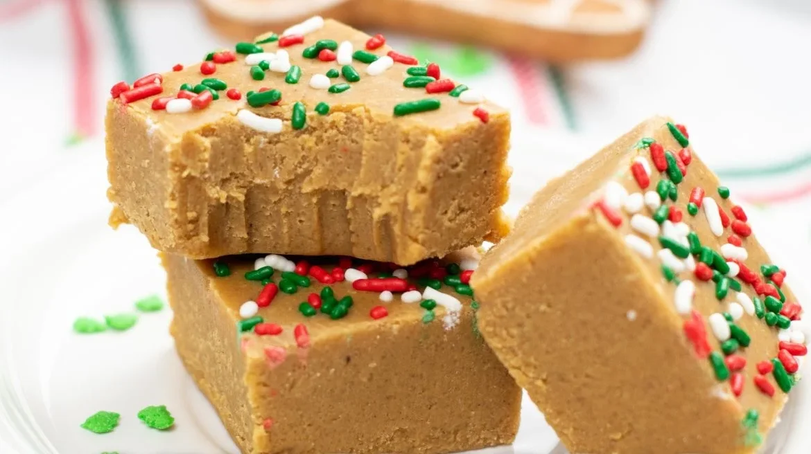 Delicious gingerbread fudge cut into squares, decorated for the holidays.