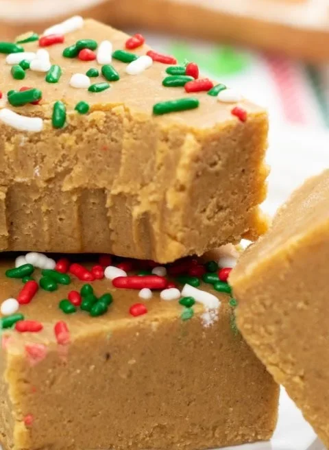 Delicious gingerbread fudge cut into squares, decorated for the holidays.