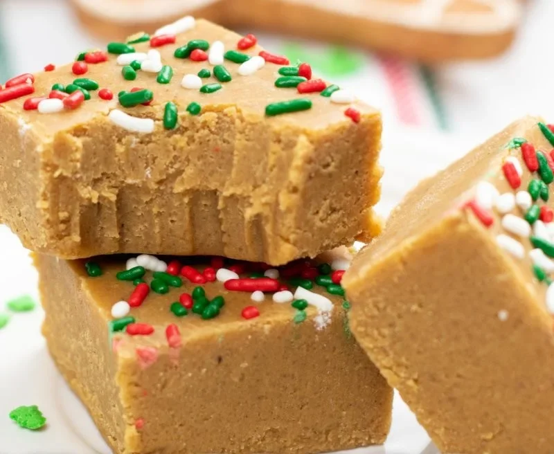 Delicious gingerbread fudge cut into squares, decorated for the holidays.