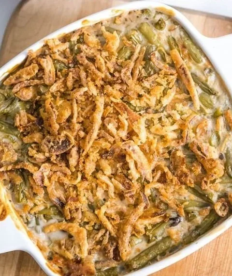 Stovetop green bean casserole with crispy onions and creamy sauce