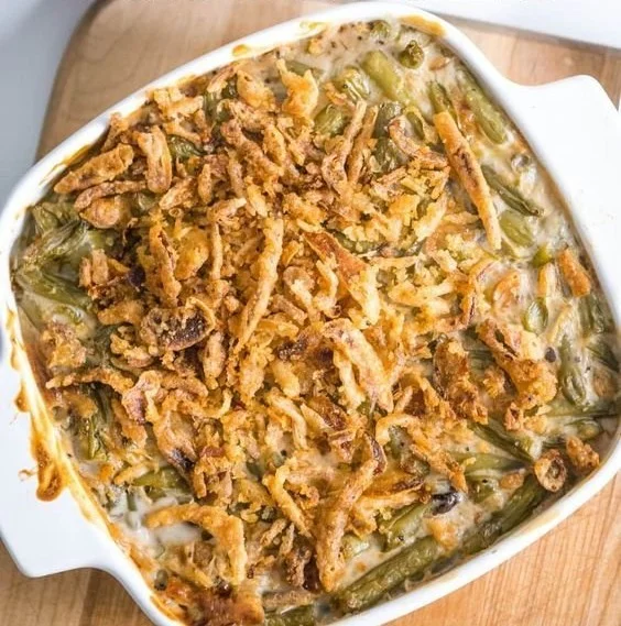 Stovetop green bean casserole with crispy onions and creamy sauce