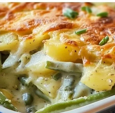 Delicious green bean casserole with potatoes baked to perfection.