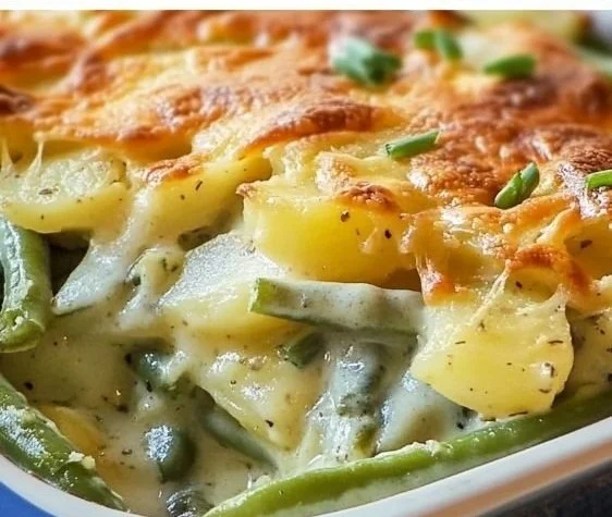 Delicious green bean casserole with potatoes baked to perfection.