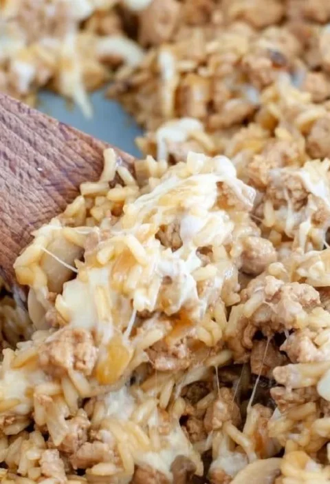 Savory ground turkey skillet casserole served in a dish
