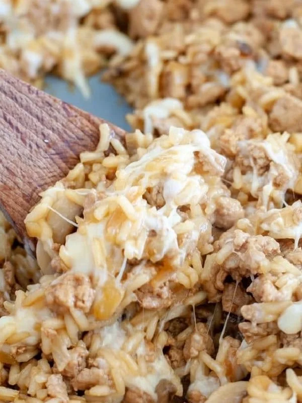 Savory ground turkey skillet casserole served in a dish