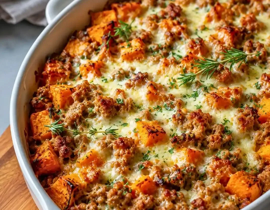 Healthy ground turkey sweet potato bake dish served on a plate