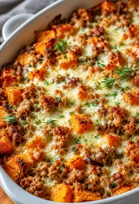 Healthy ground turkey sweet potato bake dish served on a plate