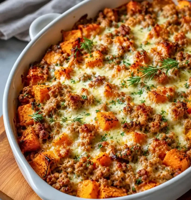 Healthy ground turkey sweet potato bake dish served on a plate