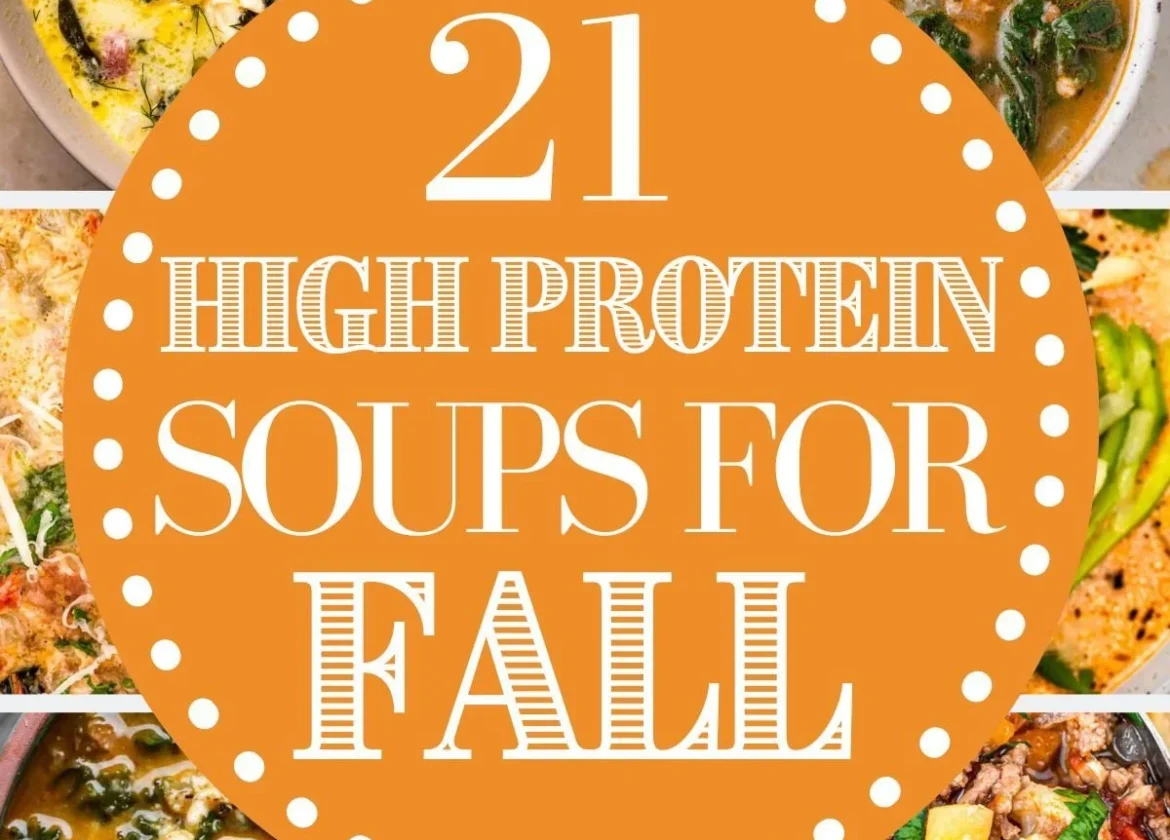Colorful high-protein fall soup with vegetables and beans served in a bowl